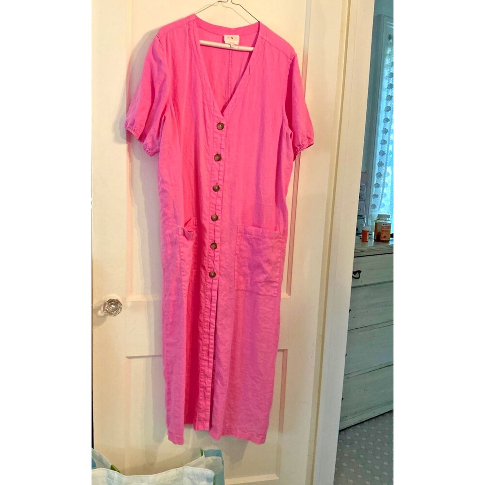 Lou & Grey 100% Linen Dress Maxi SS Neon Pink Button Front Pockets Size XL